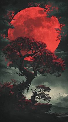 a painting of a tree with red moon in the background