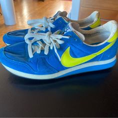 Vintage, Never Worn, Nike Waffle Racers In Men's Size 6.5. Collector's Item; Blue And Lime Green. Send Any Questions You Have! Vintage Nike Blue Sneakers, Vintage Blue Nike Sneakers, Nike Retro Blue Sneakers, Blue Retro Sneakers With Round Toe, Vintage Blue Sneakers With Rubber Waffle Outsoles, Retro Blue Sneakers With Round Toe, Blue Nike Leather Running Shoes, Blue Running Shoes With Rubber Waffle Outsoles, Retro Blue Sneakers With Laces