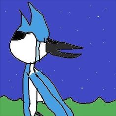 a blue bird is standing in front of the sky with stars on it's back