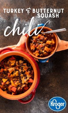 two bowls of turkey and butternut chili on a table with the title overlay