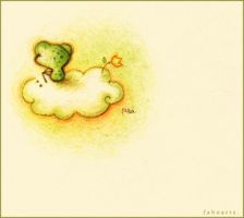 a drawing of a frog sitting on top of a cloud with a flower in its mouth