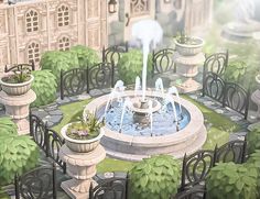 an artistic rendering of a fountain in the middle of a garden