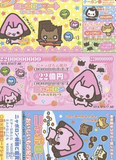 two tickets with cartoon characters on them in pink and blue colors, one has an image of