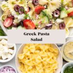 several different types of pasta and salads in bowls with the words greek pasta salad above them