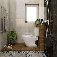 a white toilet sitting in a bathroom next to a shower and plant on the floor