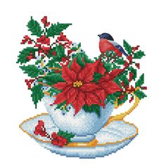 a cross stitch pattern with poinsettias in a tea cup and saucer