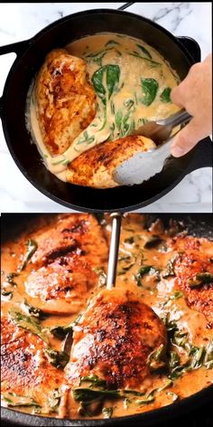 two pictures of chicken and spinach in a skillet