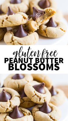 gluten free peanut butter blossom cookies on a white plate with text overlay