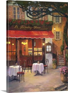 a painting of a restaurant with tables and chairs