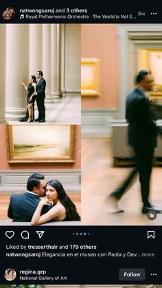 a man and woman are kissing in an art gallery, while another person is walking past them