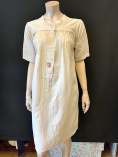 "Antique 1800s French traditional linen hemp nightdress/ smock or shift dress with embroidered monogram in red. Bust size 36/38\" The monogram, JB is nicely worked. The shift has a square neckline edged in picot lace, and has a lace edged front placket that fastens with two small buttons. Gathered onto the yoke both front and back to give fullness. Short lace edged sleeves. The, the fabric is sturdy and durable, but still feels a little coarse, that indicates the lack of use, as hand loomed line Peasant Linen Dresses For Daywear, Vintage Linen Dresses For Daywear, Vintage Linen Dress For Spring Daywear, Vintage Linen Daywear Dresses, Traditional Cotton Daywear Dress, Victorian Aesthetic Dress, Peasant Cotton Dress With Yoke Detail, Embroidered Summer Nightgown, Vintage White Dress With Yoke Detail