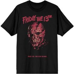 It can be Halloween any time of the year with this Friday the 13th movie inspired tee! This spooky black shirt showcases a large creepy graphic on the front of Jason, unmasked, in bold blood red colors. This comfy crew neck tee is made of high-quality, premium polyester and cotton material, and is professionally printed to ensure long-lasting color and print quality. It can be machine washed in cold water with like colors, and tumble dried on low for easy and convenient care. The Friday the 13th Halloween Killers, Friday The 13th Shirt, Scary Movie Shirts, Blood Shirt, Blood Red Color, Spooky Black, Scary Movie, Jason Voorhees, Movie Shirts