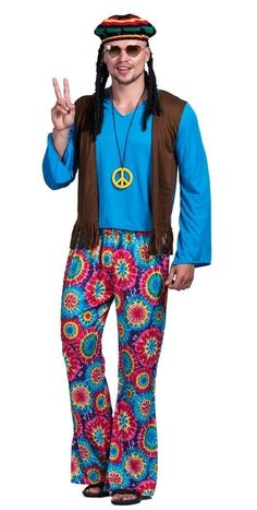 a man dressed in hippie clothing and peace sign