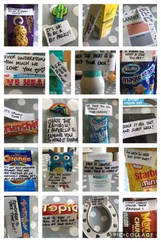 many different types of candy are displayed in this collage with words written on them