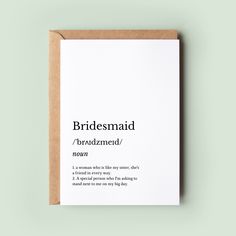 a card with the words bridesmaid on it