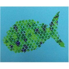 a painting of a fish made out of green circles on a blue background framed print