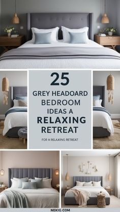 grey bedroom with white bedding, pillows and gray headboard in the middle is an image