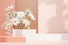 a vase filled with white daisies sitting on top of a counter next to a pink wall