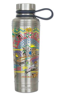 a stainless steel water bottle with the words paris on it and images of famous landmarks