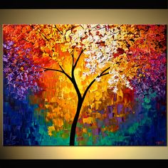 an abstract painting of a tree with colorful leaves