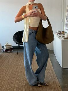 summer outfit | jeans | baggy | top | scarf | casual | summer | fashion | fit | aesthetic | bag Day Out Outfit Casual, Scarf Outfit Summer, Summer/fall Outfits, Fit Aesthetic, Aesthetic Bag, Look Jean, Fits Aesthetic, Jeans Outfit Summer, Scarf Outfit