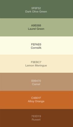 Color Pallet of: Dark Olive Green, Laurel Green, Cornsilk, Lemon Meringue, Camel, Alloy Orange and Russet Color Pallet Earth Tones, Colour Pallets For Living Room, Color Pallets Bedroom, Earth Tones Color Scheme, Earth Colours Palette, Earth Tones Design, Earthly Tones Palette, Color Pallets Earth Tones, Earth Tone Apartment Aesthetic