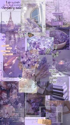 a collage with purple flowers and words on it, including the eiffel tower