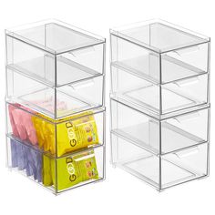 three clear drawers with different items in them