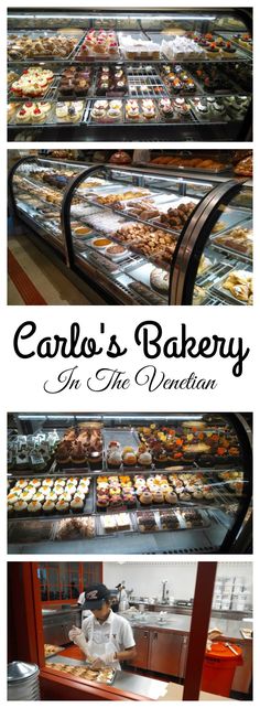 collage of photos showing the interior of a bakery with cakes and pastries on display