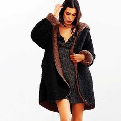 Revers Fuzzy Faux Fur Hooded Long Winter Coat Lamb Jacket, Long Winter Jacket, Faux Fur Hoodie, Blazer Mini Dress, Fur Hood Jacket, Fur Hoodie, Long Winter Coats, Outwear Coat, Hoodie Coat