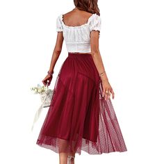 Burgundy Elastic Waist Elegant Swing Midi Skirt Summer Midi Tulle Skirt, Summer Red Tulle Skirt, Fitted Tulle Mini Skirt For Summer, Casual Long Tulle Skirt, Flowy Tulle Mini Skirt For Summer, Casual Tulle Skirt With Relaxed Fit, Fitted Tulle Skirt For Summer, Casual Tulle Skirt For Summer, Casual Tulle Skirt