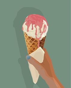 a hand holding an ice cream cone with pink glaze on top and white icing