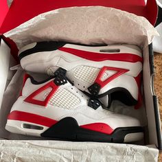 Brand New Jordan 4 Red Cement White Air Jordan 4 With Red Sole For Streetwear, Casual Red Air Jordan 4 With Air Max Cushioning, Red Air Jordan 4 With Air Max Cushioning, Jordan 4 Red, Dr Wardrobe, Nike Shoes Jordans, Shoes Jordan, Nike Red, Newest Jordans