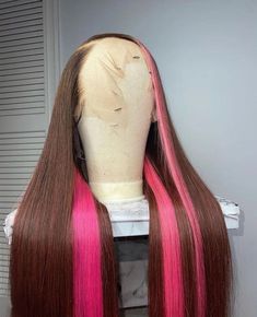 Lace Front Wig Virgin Human Hair Pink Brown 150%Density 24" Lace Front Wigs Brown, Skunk Strip, 4x4 Wig, Colored Human Hair Wigs, Wigs Brown, Long Human Hair Wigs, Remy Hair Wigs, Short Human Hair Wigs, Birthday Hair