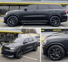 three different views of the front and side of a black dodge duranon suv in a parking lot