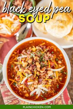 a bowl of black eyed pea soup with bread in the background and text overlay