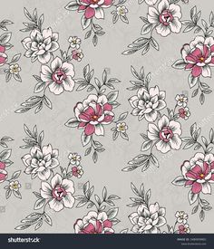 floral wallpaper with pink and white flowers on grey background stock photo - royaltyvector