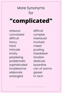 a pink poster with the words complicated in different font styles and colors