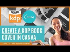 a woman in pink shirt standing next to books with the words create a kp book cover in canva