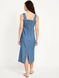 Jean Midi Dress | Old Navy Navy Linen Dress, Dress Square Neck, Midi Dress Blue, Square Neck Dress, Princess Seams, Old Navy Jeans, Blue Midi Dress, Princess Seam, Wide Straps