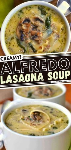 two white bowls filled with soup on top of a green plate and the words alfredo lasagna soup above it