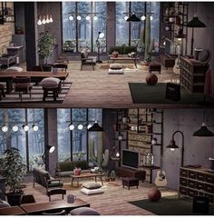 two pictures of a living room with lots of furniture