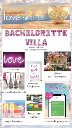 the back cover of love island bachelorette villa, with pictures and text on it