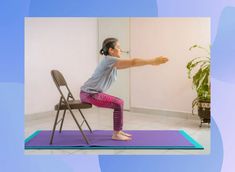 a woman is doing yoga on a mat in front of a chair and potted plant