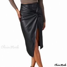 Olivia Mark - Solid Color Slim Fit Bodycon Sexy Midi Skirt Fashion Leather Split Skirt Half Skirt Midi Skirt Fashion, Fitted Midi Skirt, Bodycon Pencil Skirt, Wrap Around Skirt, Split Skirt, Half Skirt, Leather Pencil Skirt, Skirt Skirt, Skirt Type