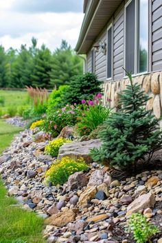 a house with rocks and plants in front of it