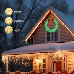 a house covered in christmas lights and wreaths with the words holiday lights on it