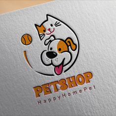 the logo for petshop has a dog and cat on it's head with a ball in its mouth