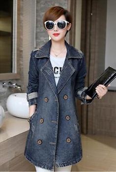 Women Double-breasted Lapel Jeans Jacket Oversize Denim Loose Causal Trench Coat | eBay Long Sleeve Jean Jacket, Long Denim Jacket, Sheer Swimsuit, Denim Trench Coat, Ladies Denim, Coat For Women, Swimsuit Design, Jean Jacket Women, Casual Outerwear