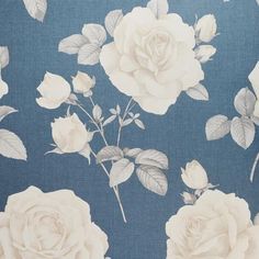 white roses on blue background with leaves and stems in the center, for wallpaper or upholstering